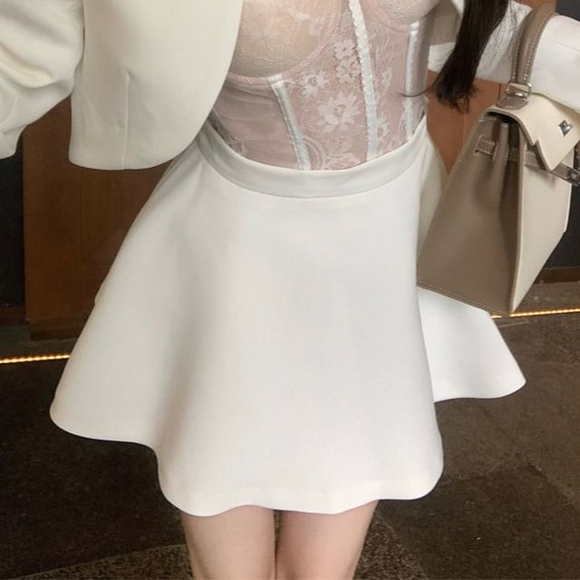 A-Line Cropped Open Plain Top High Mini / Front Lace Skirt Bustier Rise Jacket