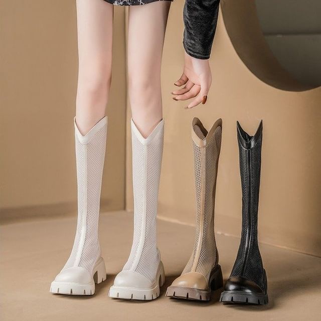 Tall Zip-Up Platform Panel Boots Mesh