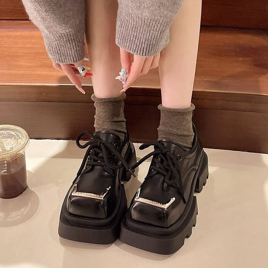 Leather Platform Shoes Square Faux Toe Metal Accent Lace-Up