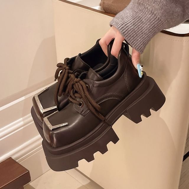 Leather Platform Shoes Square Faux Toe Metal Accent Lace-Up