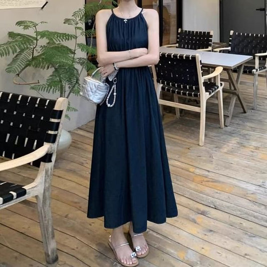 Sleeveless Crewneck Plain Maxi A-Line Dress