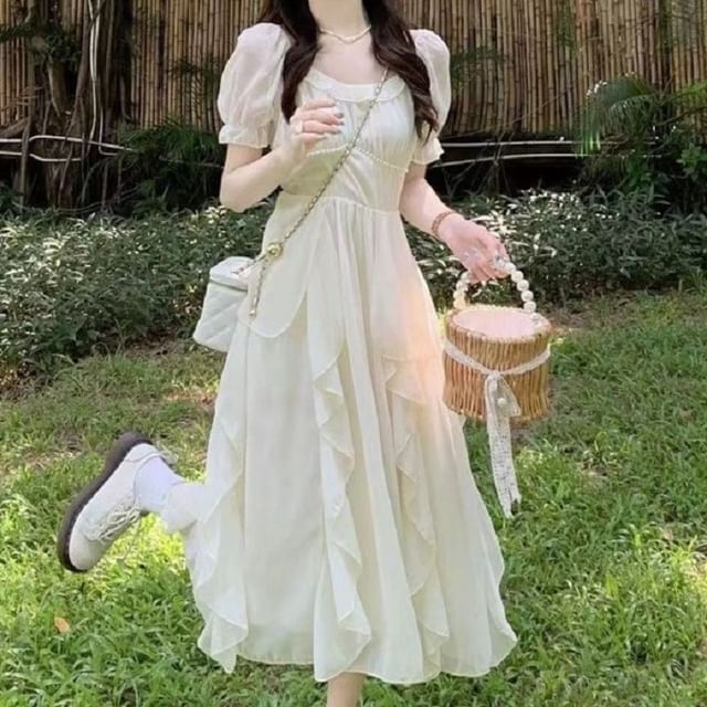 Short Sleeve Scoop Neck Plain Maxi A-Line Dress