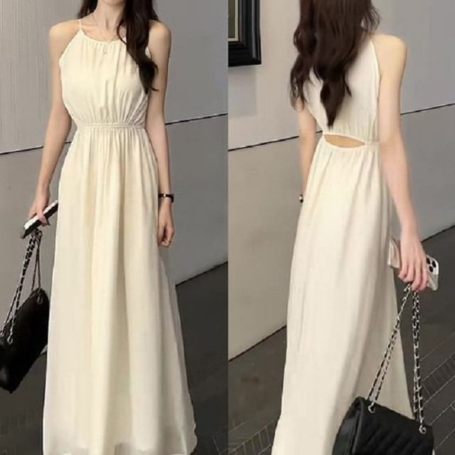 Sleeveless Crewneck Plain Maxi A-Line Dress