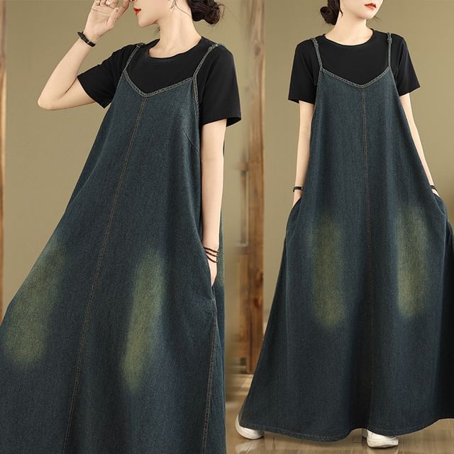 Washed Denim Spaghetti Strap V-Neck A-Line Maxi