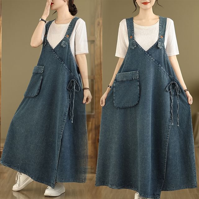 Denim V-Neck Sleeveless A-Line Maxi Dress