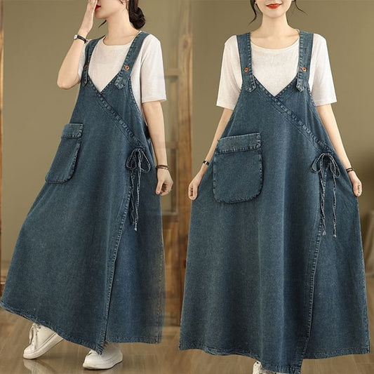 Denim V-Neck Sleeveless A-Line Maxi Dress