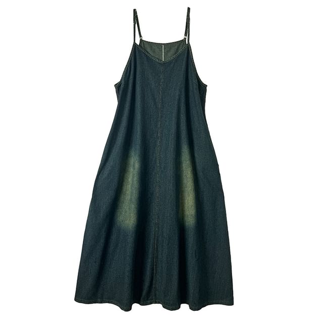 Washed Denim Spaghetti Strap V-Neck A-Line Maxi