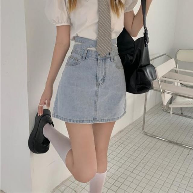 Washed Tie Back A-Line Skirt High Denim Rise Mini