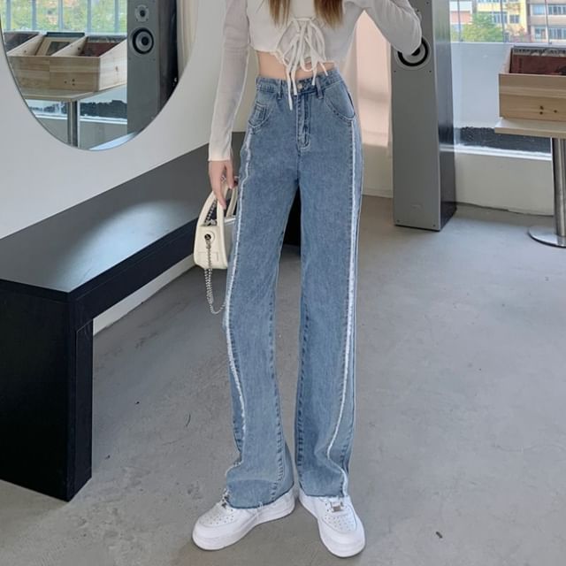 Jeans Washed Fray Panel Rise Leg High Wide