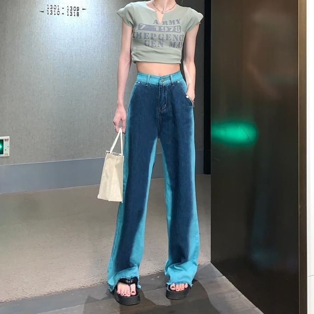 Rise Jeans Leg Washed Wide High Fray