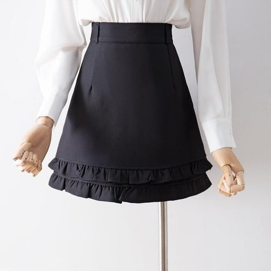 Ruffle Hem Layered Mini A-Line Skirt with High Waist