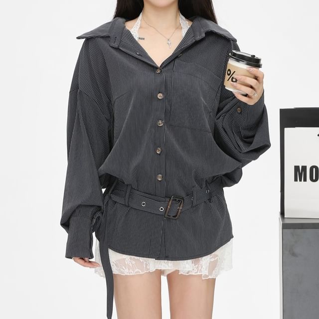 Trim Oversized Camisole Pocket Shirt Front / Long-Sleeve Top Striped Lace Plain