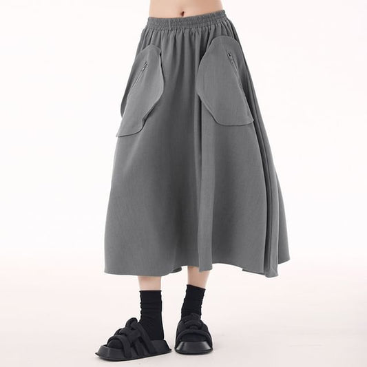 Plain Flared Midi Skirt with High Waist