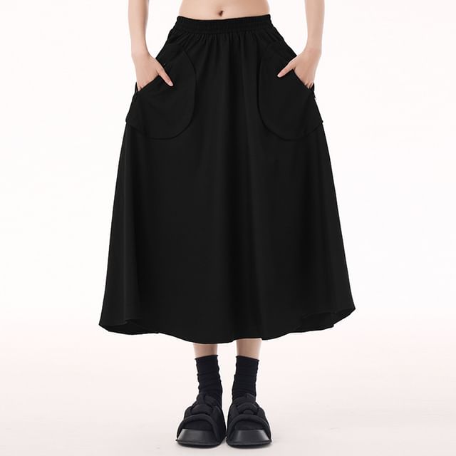 Plain Flared Midi Skirt with High Waist