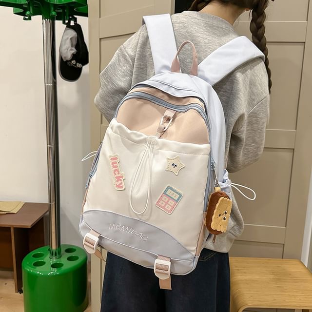 Letter Color Block Embroidered Backpack Drawstring