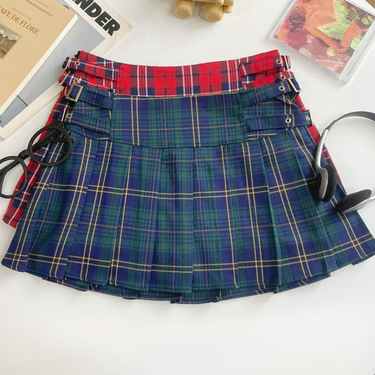 Plaid Pleated Mini Flared Skirt with Buckle and High Waist