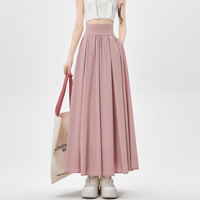 Plain Midi Pleated Waist High A-Line Skirt