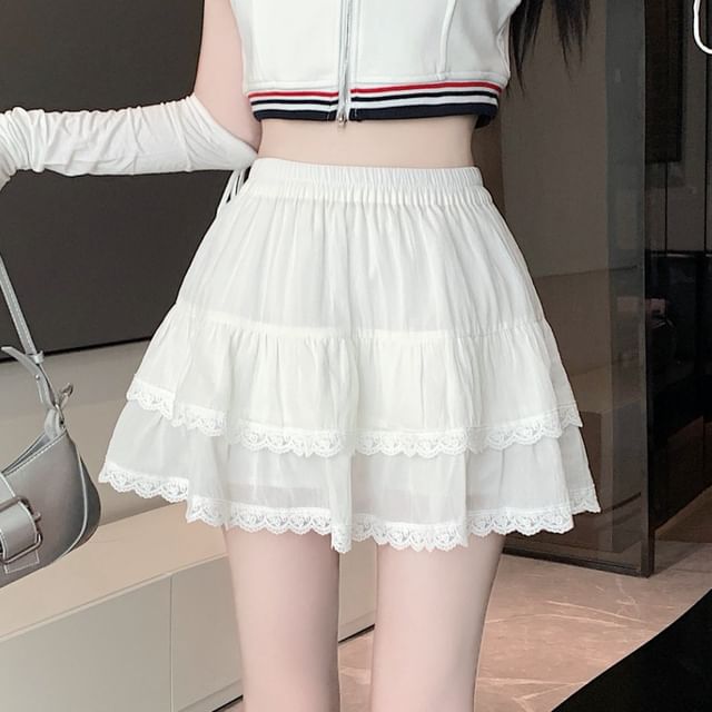 Elastic A-Line Balletcore Tiered Plain Lace Skirt Trim Waist Mini