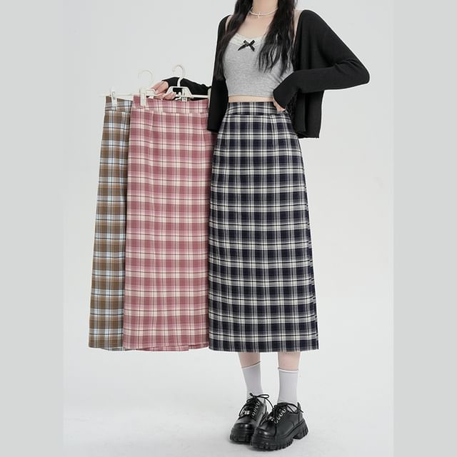 Plaid H-Line High Slit Skirt Midi Waist