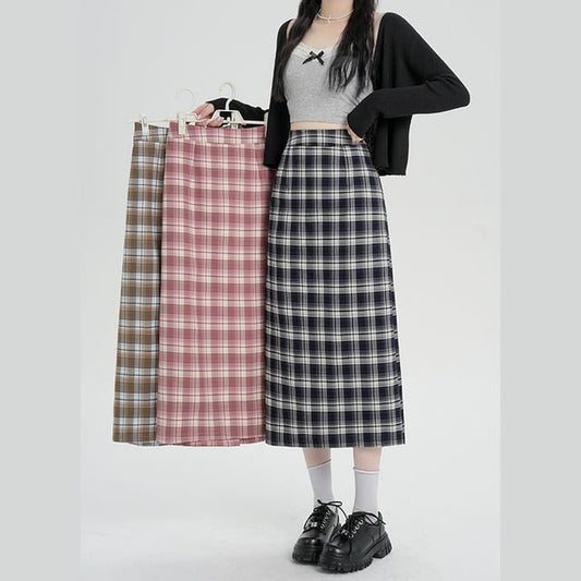 Slit Plaid Straight Midi Skirt with High Waist