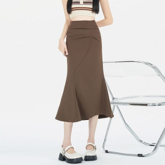 Ruched Fishtail Midi Skirt with High-Rise Waist