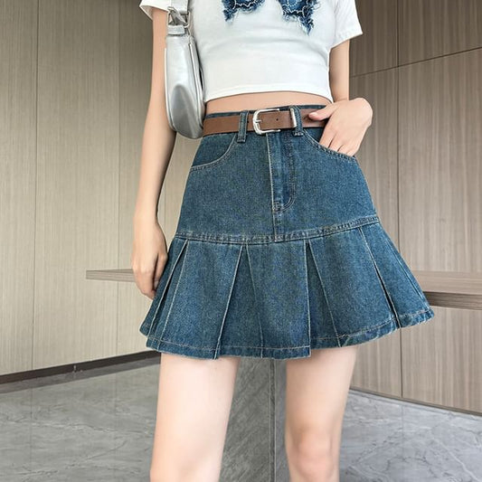 Pleated Denim Mini A-Line Skirt with High Rise