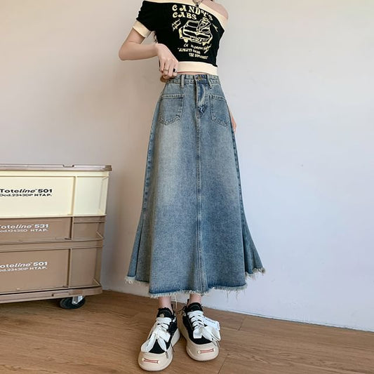 High Waist Fringed A-Line Midi Denim Skirt