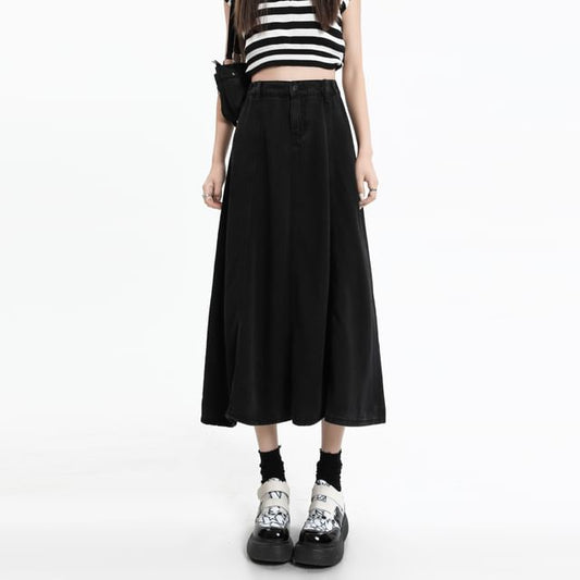 Denim A-Line Midi Skirt with High Rise and Plain Style