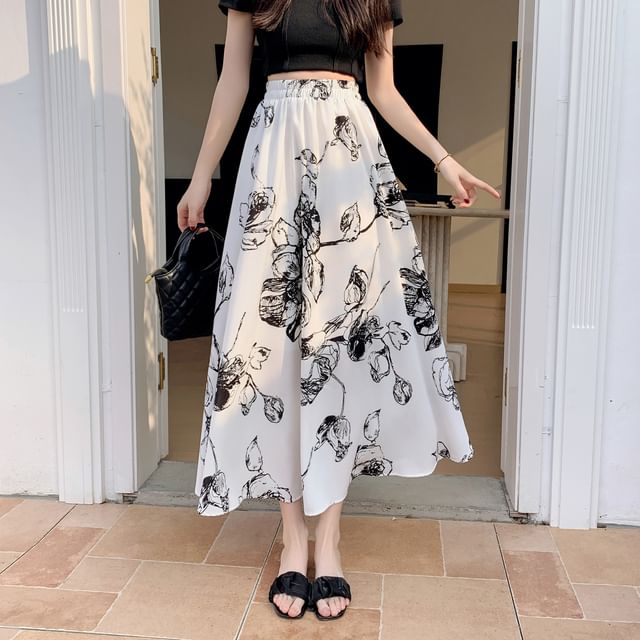 Skirt Waist A-Line Midi Floral Elastic