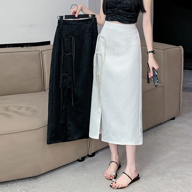 Waist A-Line Button Midi Jacquard High Slit Frog Skirt Floral