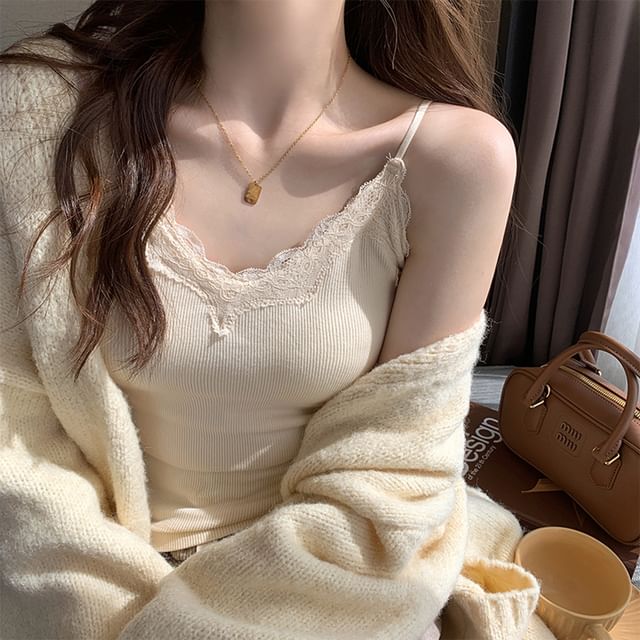 Ribbed Top Lace Plain Camisole Padded Trim