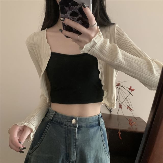 Edge Plain Lettuce Crop Front Cardigan Open