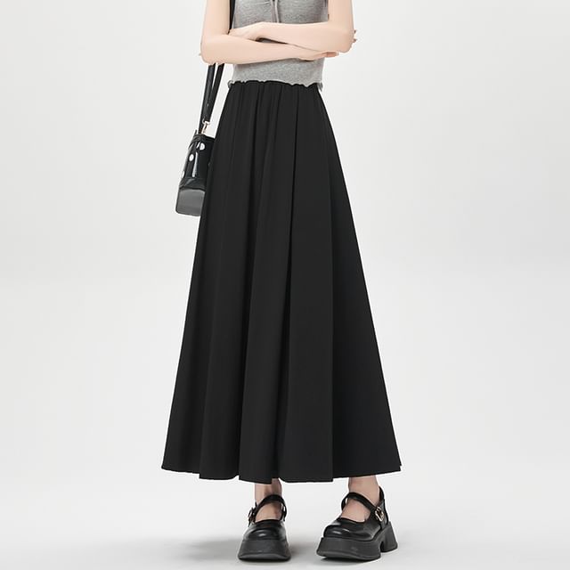 Plain Midi Pleated Waist High A-Line Skirt