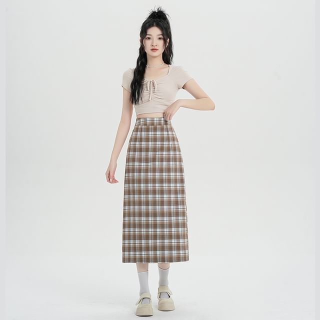 Slit Plaid Straight Midi Skirt with High Waist