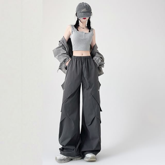 Plain Cargo Wide Waist Leg Pants Drawstring