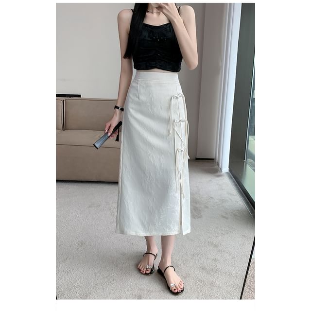 Waist A-Line Button Midi Jacquard High Slit Frog Skirt Floral