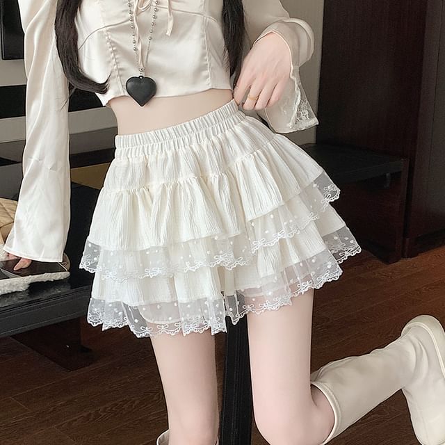 Lace Trim A-Line Tiered Skirt Mini Waist Plain Elastic