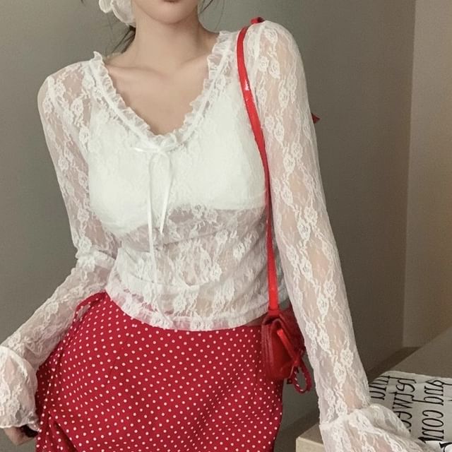 Floral Crop Long Lace V-Neck See-Through Top Sleeve