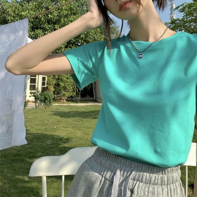 T-Shirt Plain Crewneck Crop Short-Sleeve