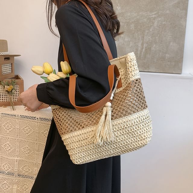 Tote Tassel Woven Two-Tone Bag