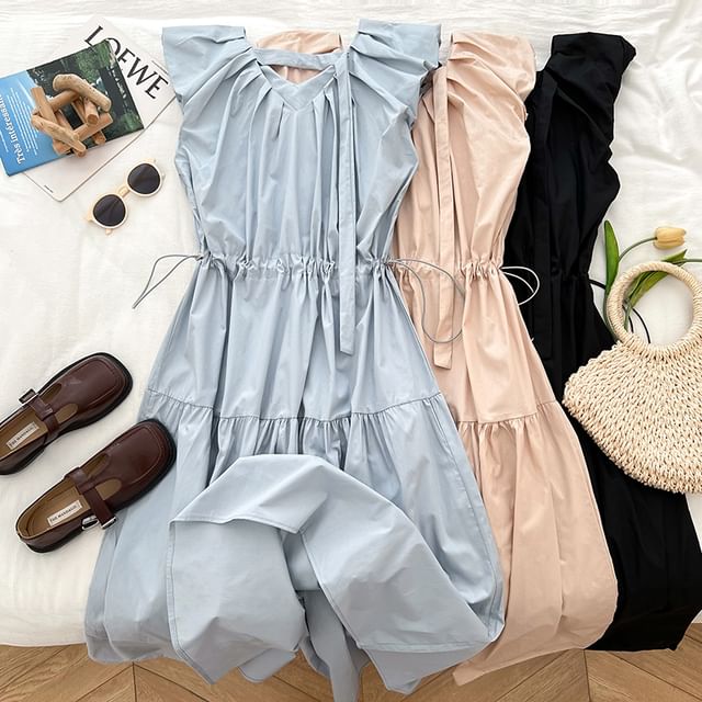 Drawstring Waist Ruched Panel V-Neck Sleeveless Maxi Dress
