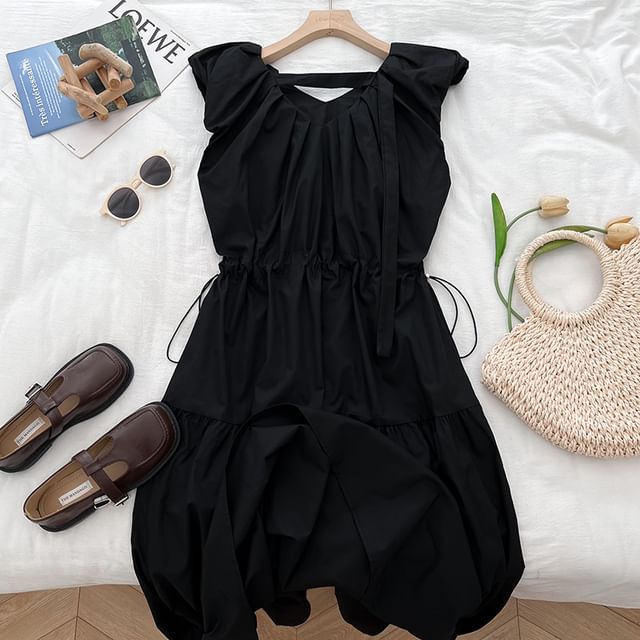 Drawstring Waist Ruched Panel V-Neck Sleeveless Maxi Dress