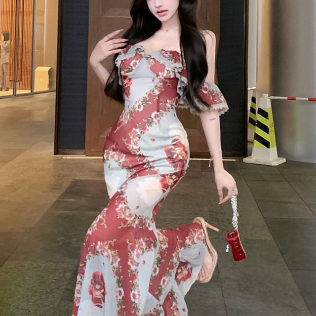 Print Designs) Bodycon (Various Shoulder Off Dress Flower