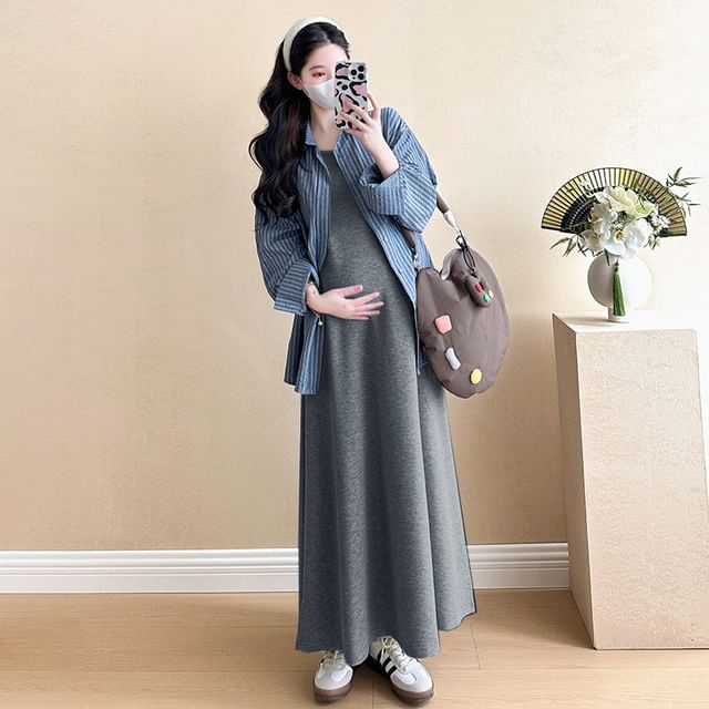 Striped Maternity Long Sleeve Shirt with Tank Dress