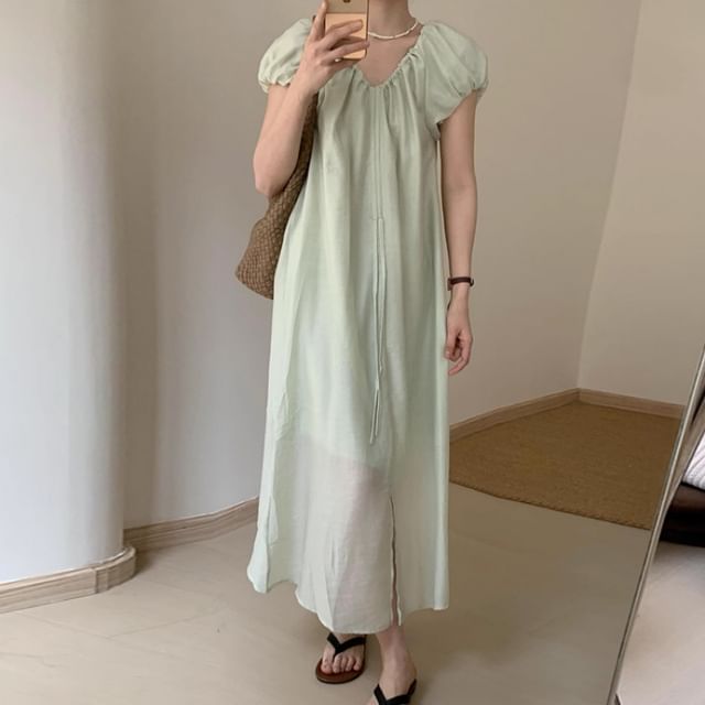 Puff Sleeve Maternity V-Neck Front Slit Sundress