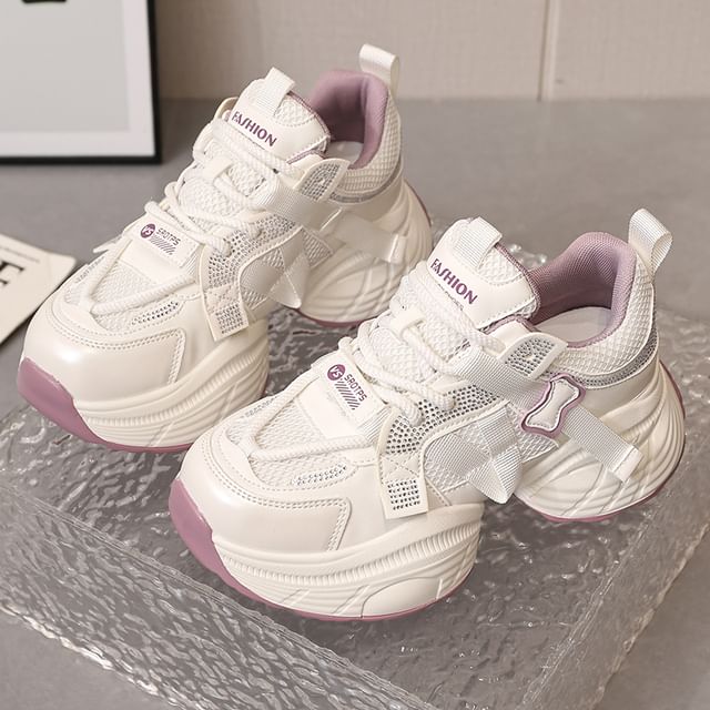 Lace-Up Platform Mesh Panel Rhinestone Sneakers Faux Leather
