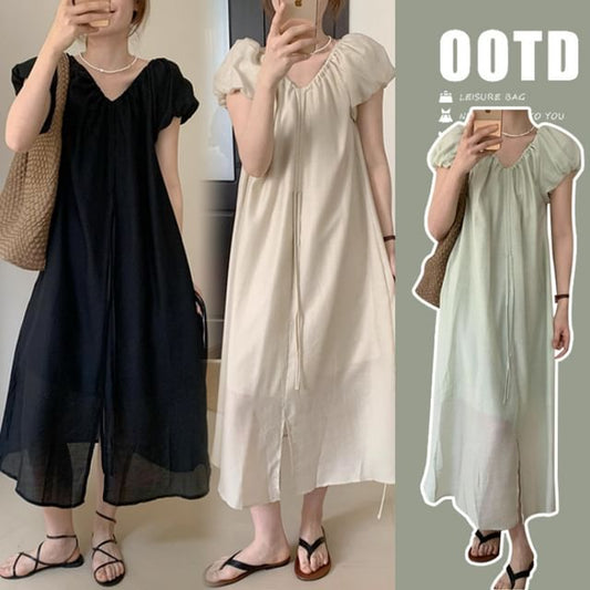 Puff Sleeve Maternity V-Neck Front Slit Sundress