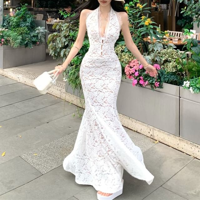 Lace Gown Evening Mermaid V-Neck Halter