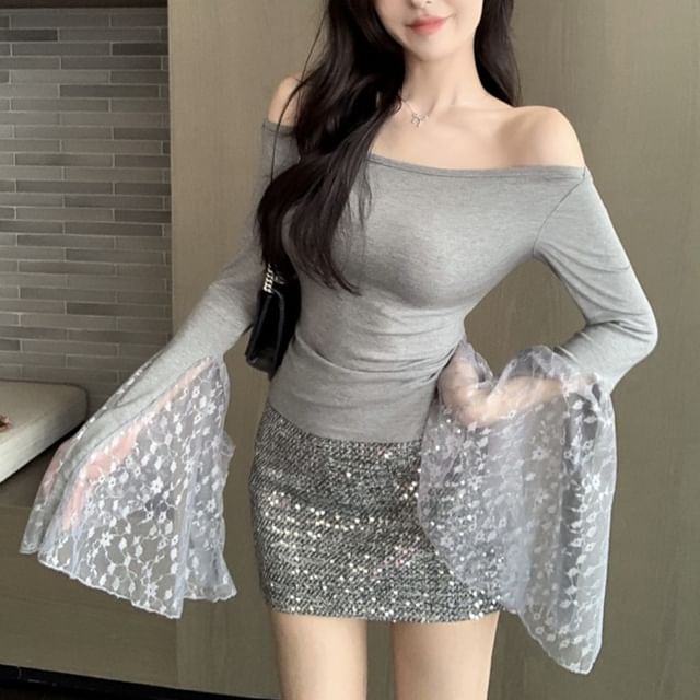 Long-Sleeve Plain Off Top Shoulder Lace Panel