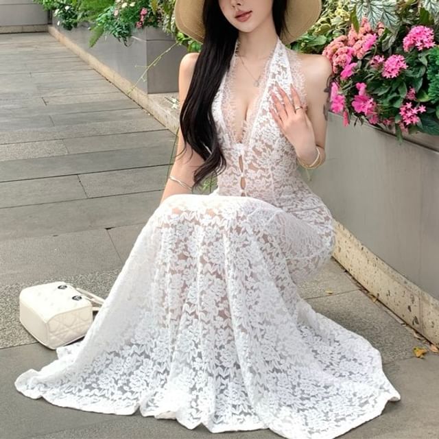 Lace Gown Evening Mermaid V-Neck Halter